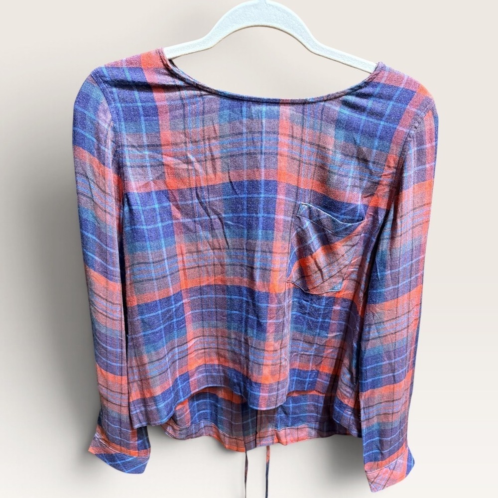 Anthropologie Cloth & Stone Plaid Lace Up Back Top Orange Blue Purple Small